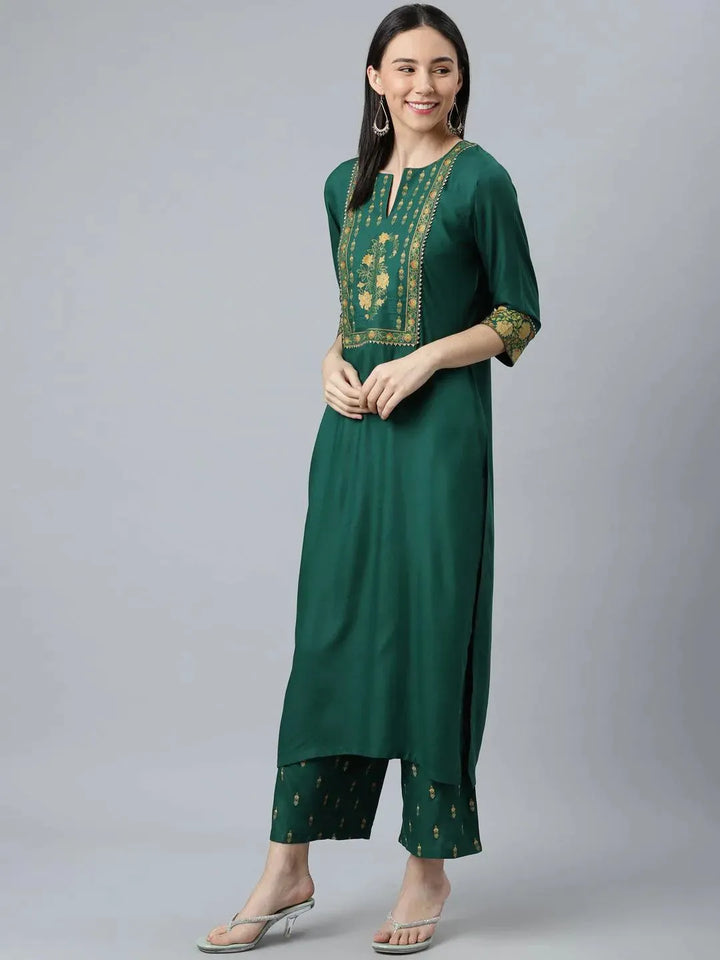 Green Printed Rayon Suit Set - Libas