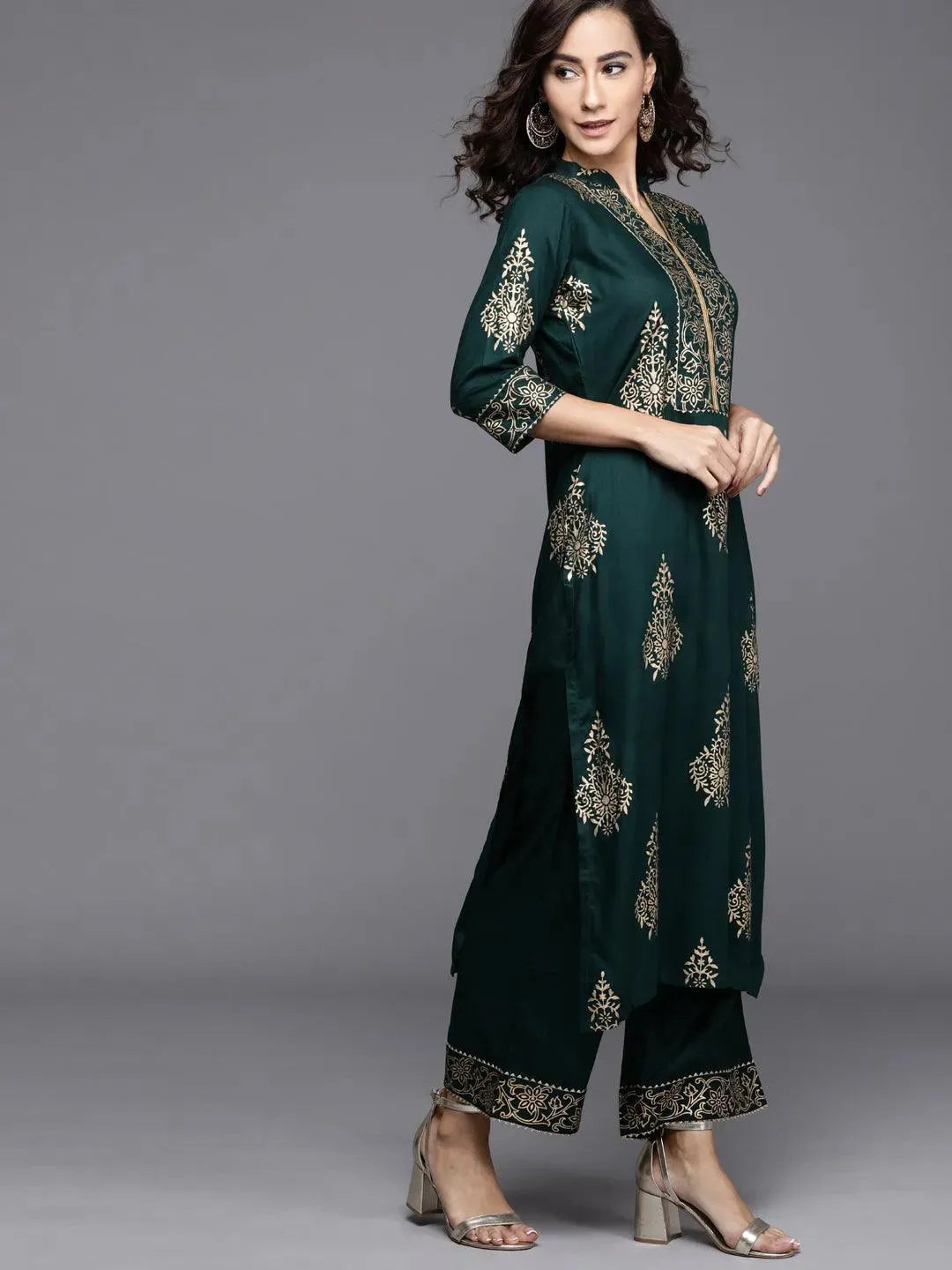 Green Printed Viscose Rayon Suit Set - Libas 