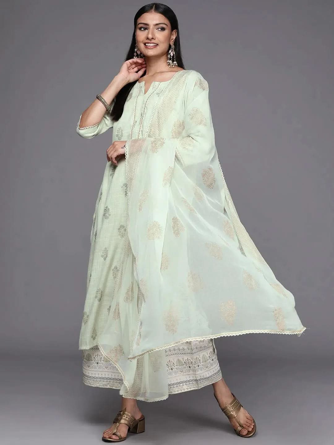 Green Printed Rayon Straight Suit Set - Libas 