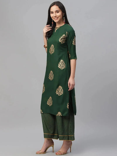 Green Printed Rayon Suit Set - Libas