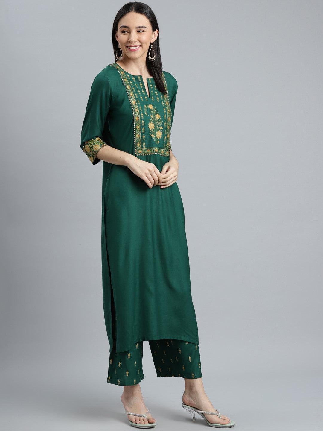 Green Printed Rayon Suit Set - Libas