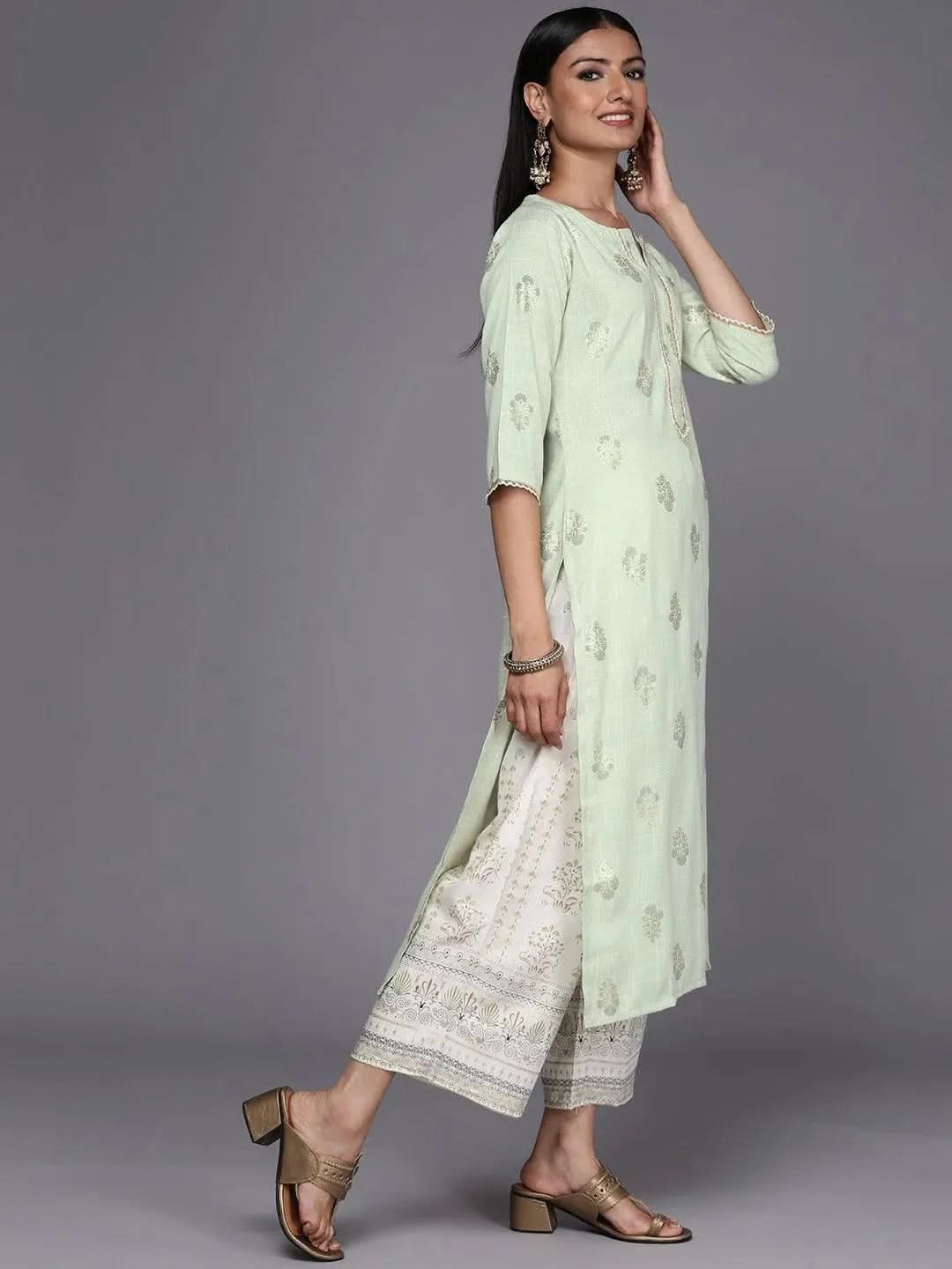 Green Printed Rayon Straight Suit Set - Libas 