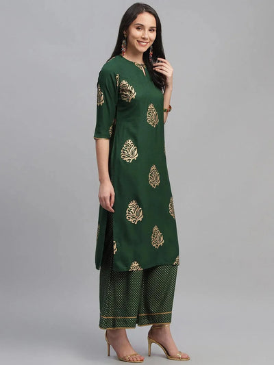 Green Printed Rayon Suit Set - Libas