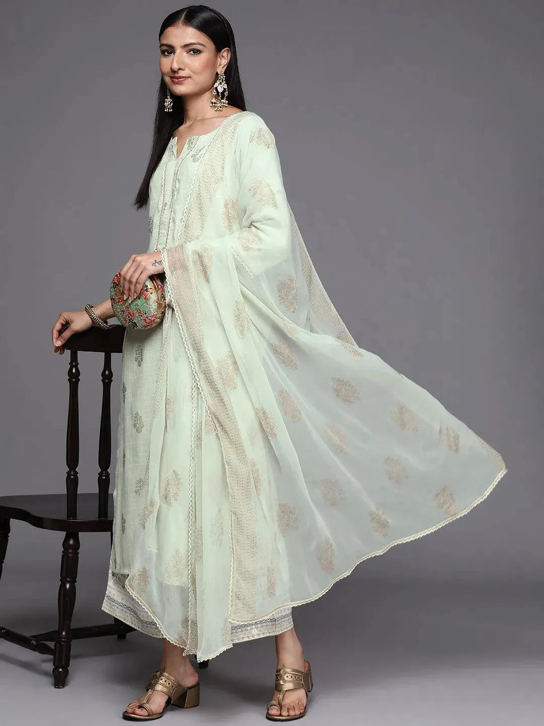 

Green Printed Rayon Straight Kurta With Palazzos & Dupatta