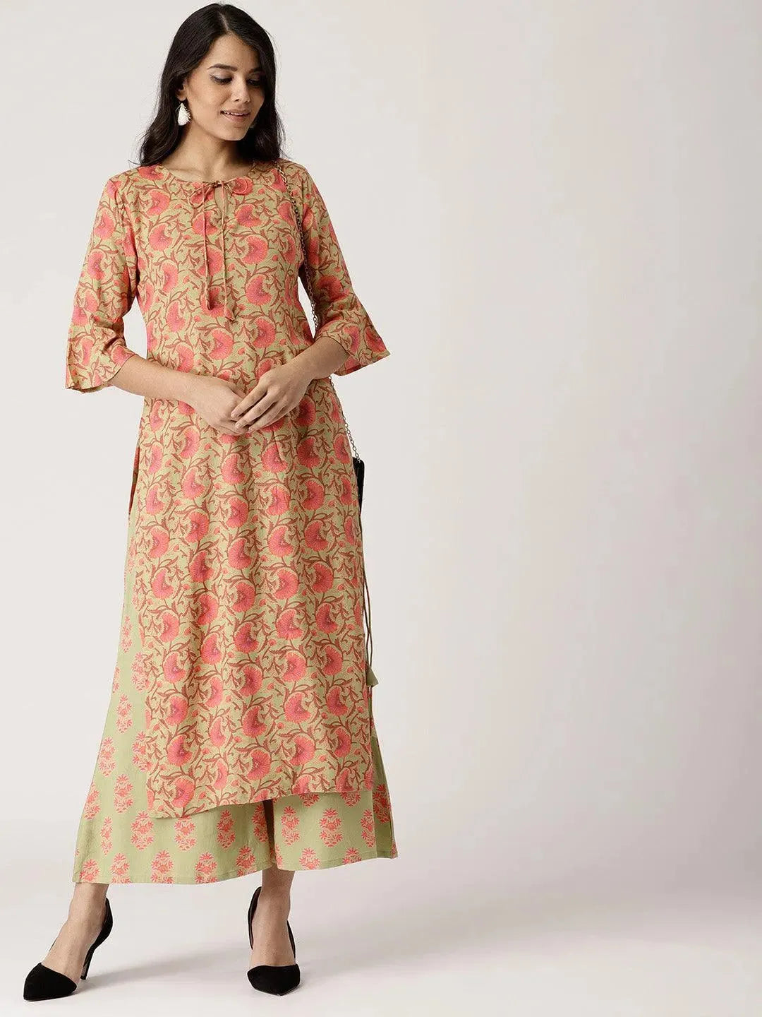 Green Printed Rayon Kurta Set - Libas 