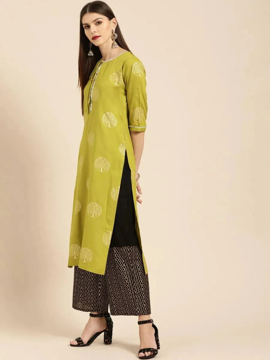 Green Printed Rayon Kurta Set - Libas 