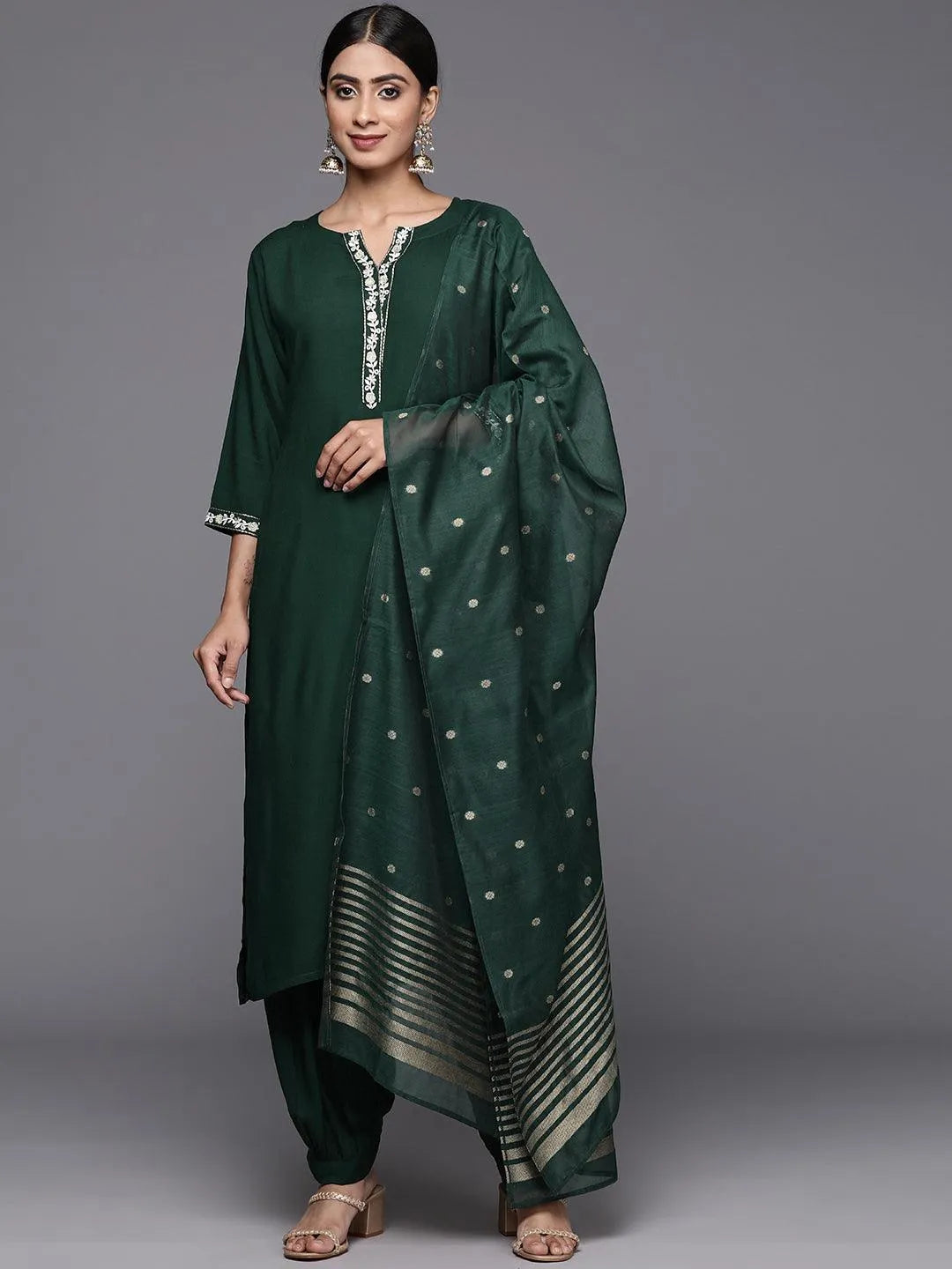 Green Printed Rayon Straight Kurta With Salwar & Dupatta - Libas 