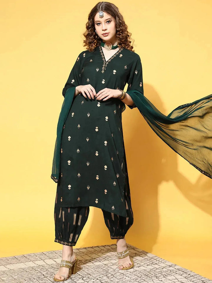 Green Printed Rayon Suit Set - Libas