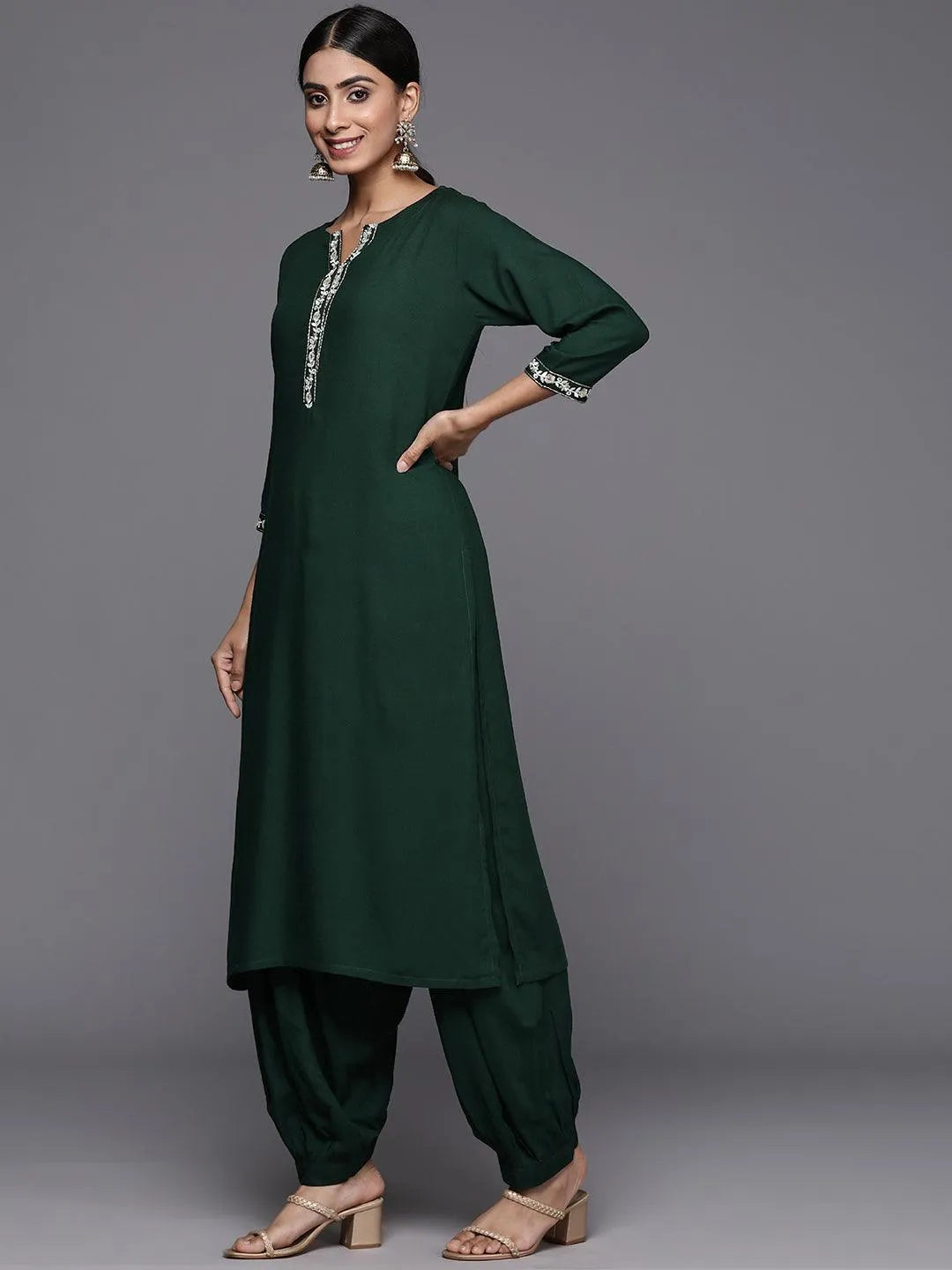 Green Printed Rayon Straight Kurta With Salwar & Dupatta - Libas 