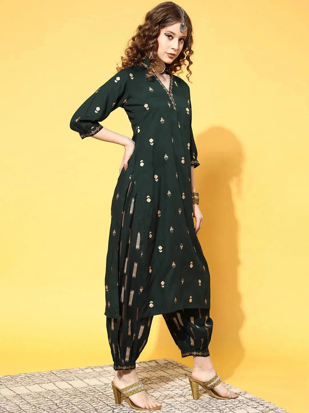 Green Printed Rayon Suit Set - Libas