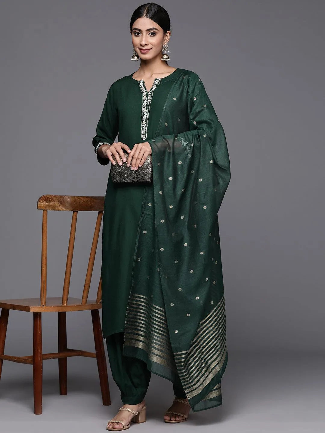 Green Printed Rayon Straight Kurta With Salwar & Dupatta - Libas 