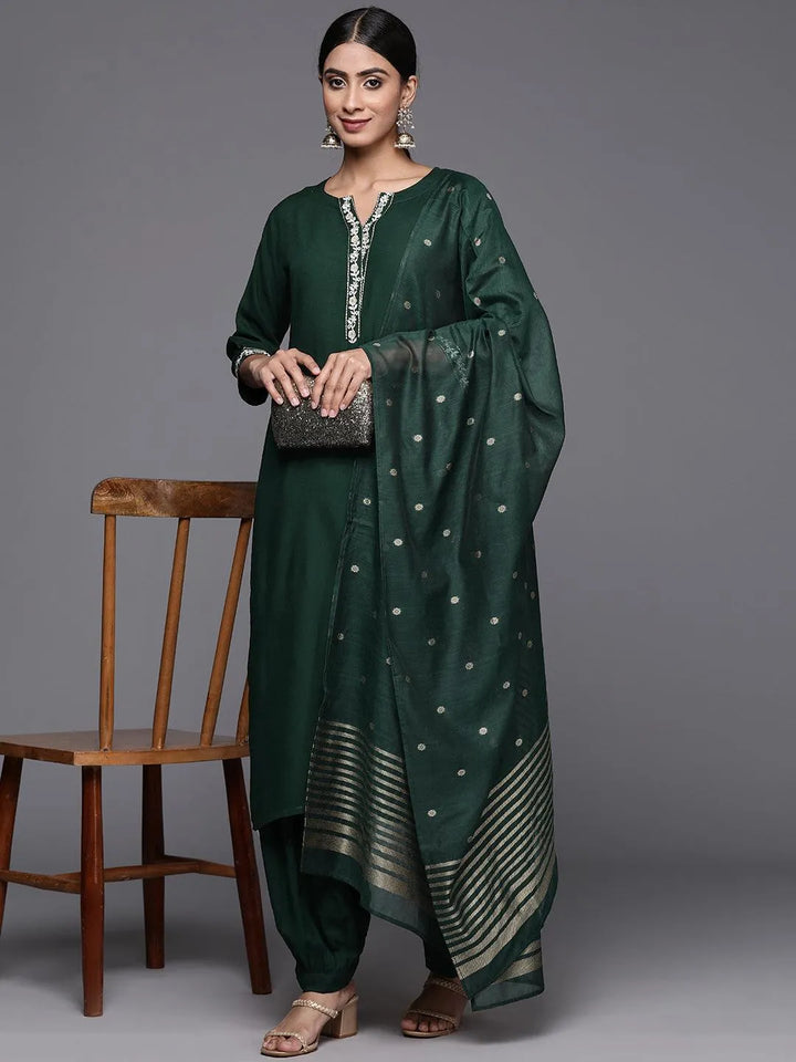 Green Printed Rayon Straight Kurta With Salwar & Dupatta - Libas