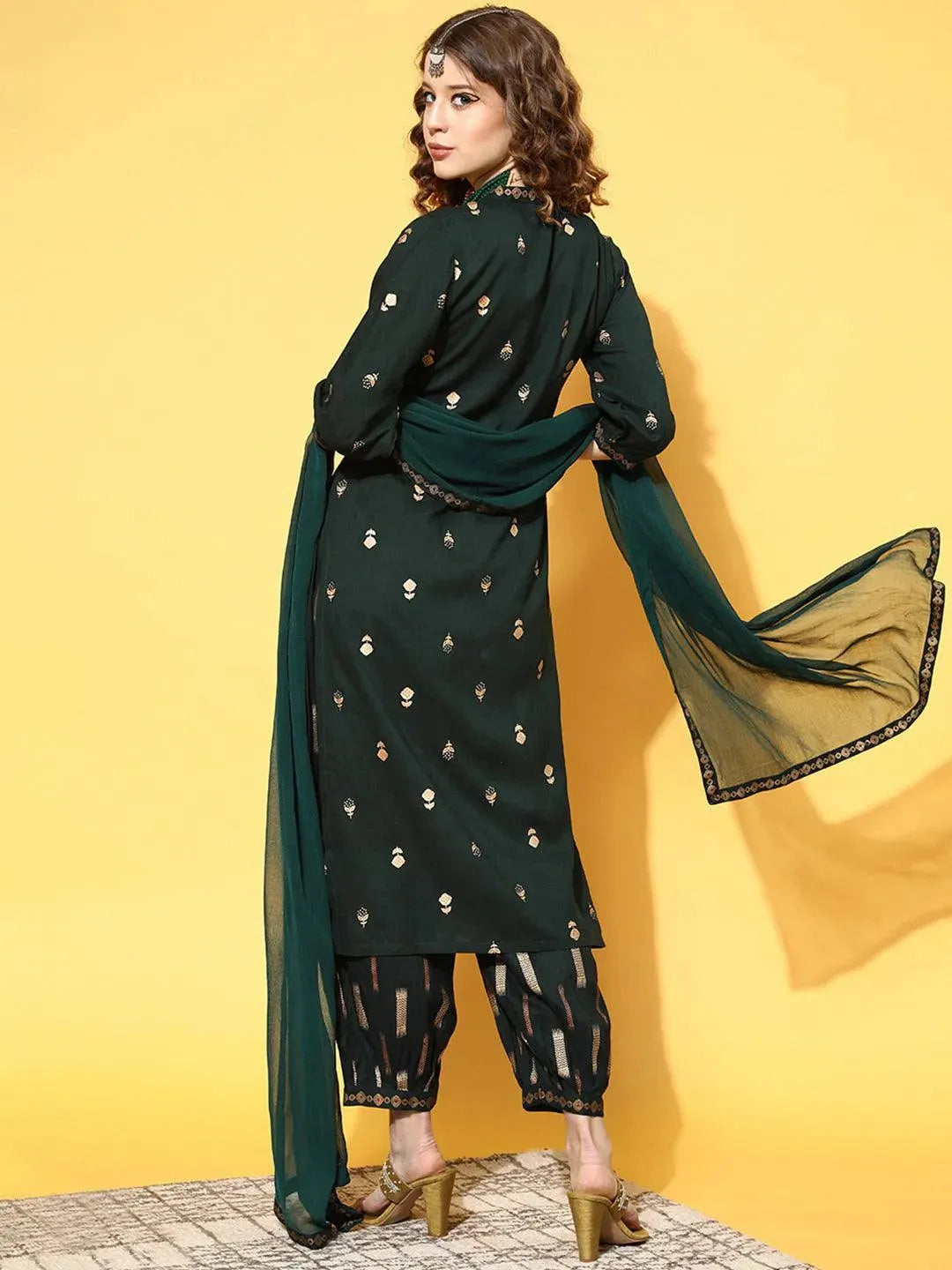 Green Printed Rayon Suit Set - Libas 