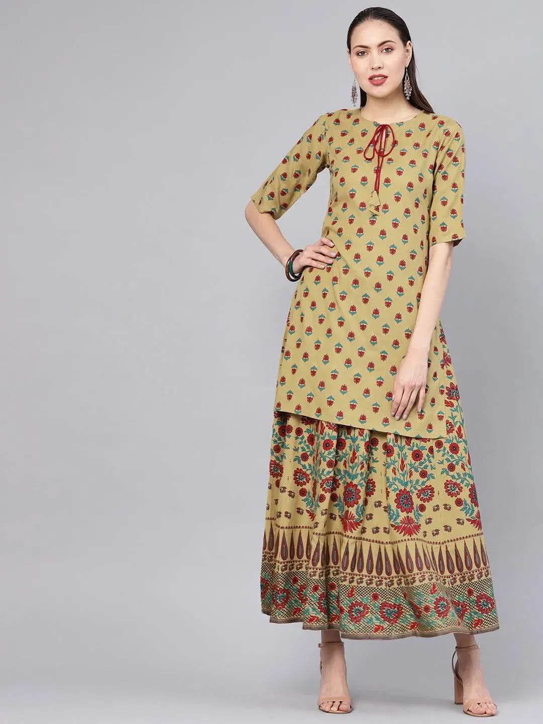 Green Printed Rayon Kurta Set - Libas
