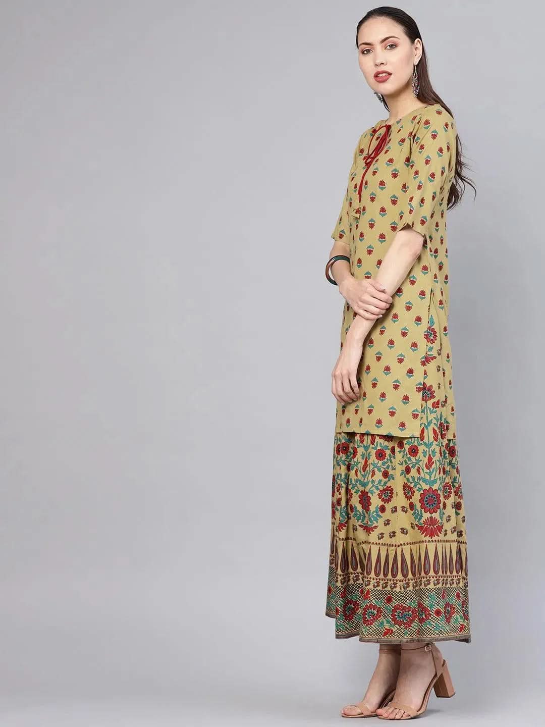 Green Printed Rayon Kurta Set - Libas 