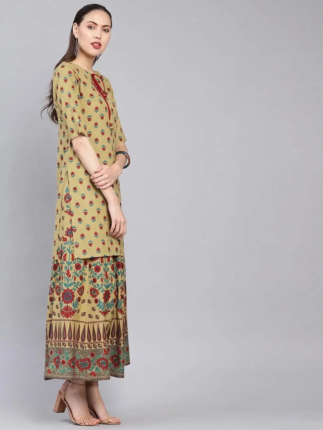 

Green Printed Rayon Straight Kurta With Skirt