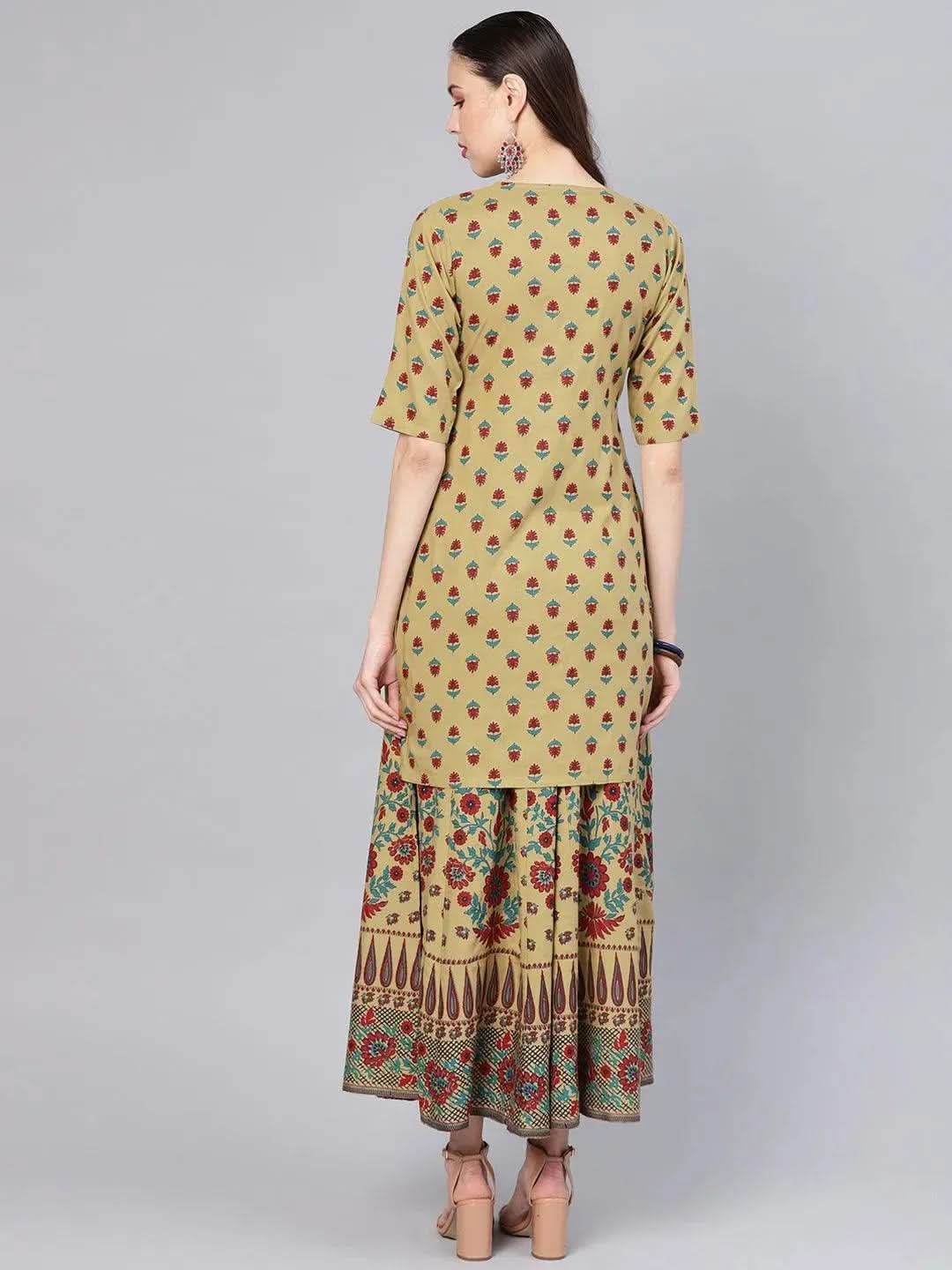 Green Printed Rayon Kurta Set - Libas 