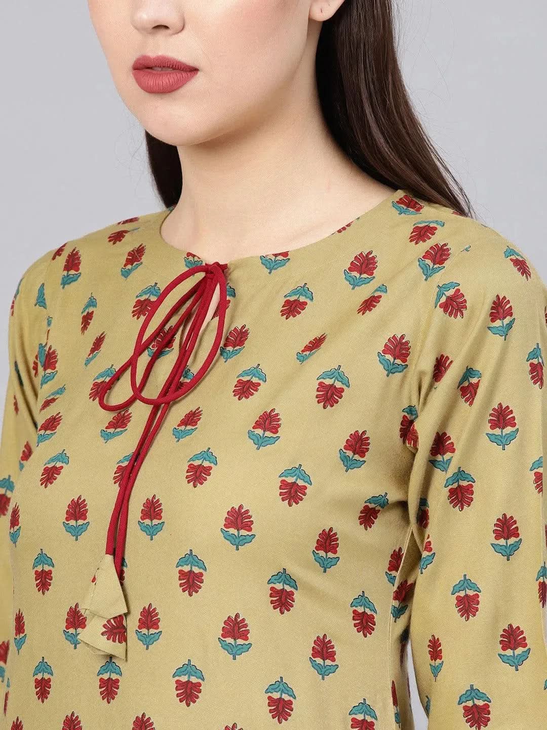 Green Printed Rayon Kurta Set - Libas 