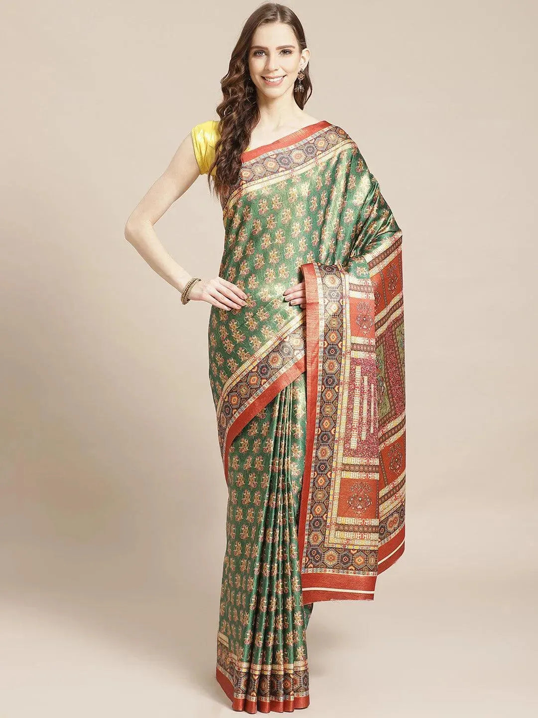 Green Printed Satin Saree - Libas 