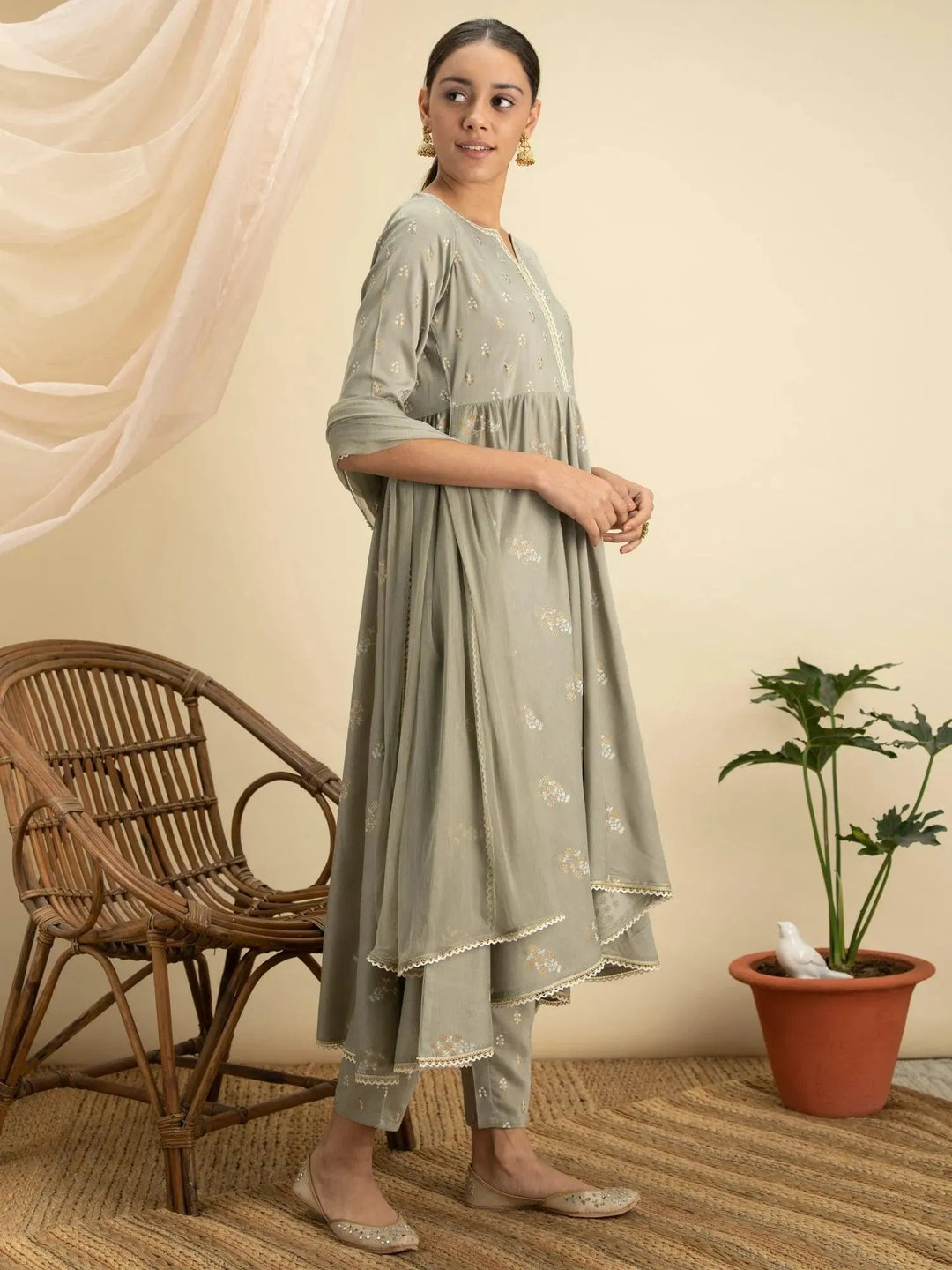 Green Printed Silk A-Line Suit Set - Libas 