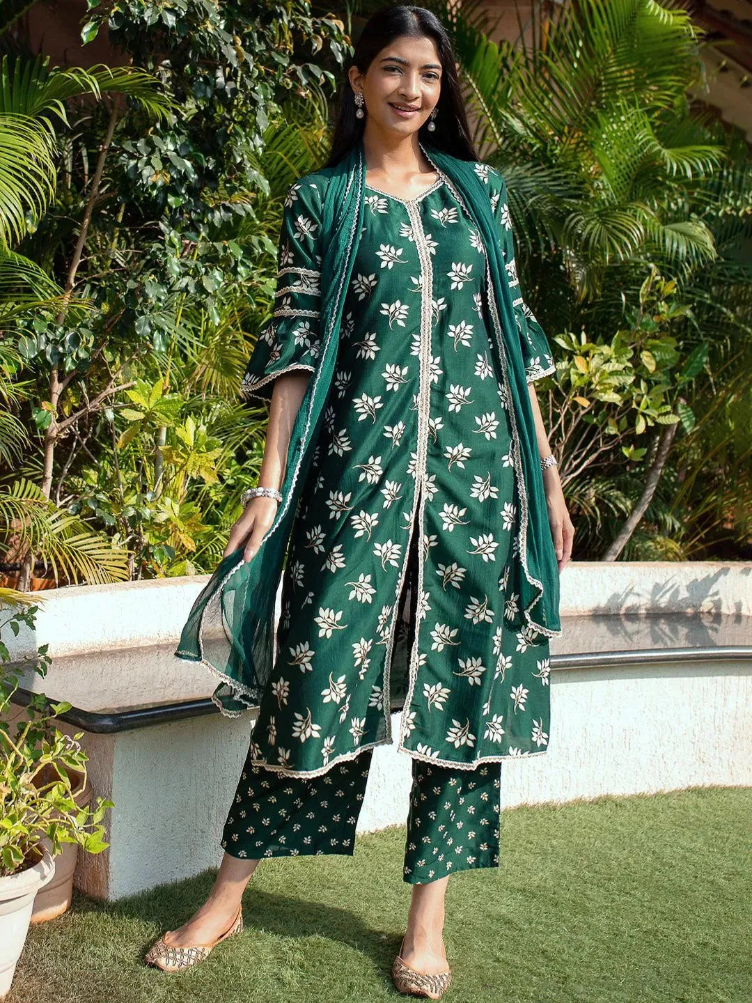 Green Printed Silk A-Line Suit Set - Libas