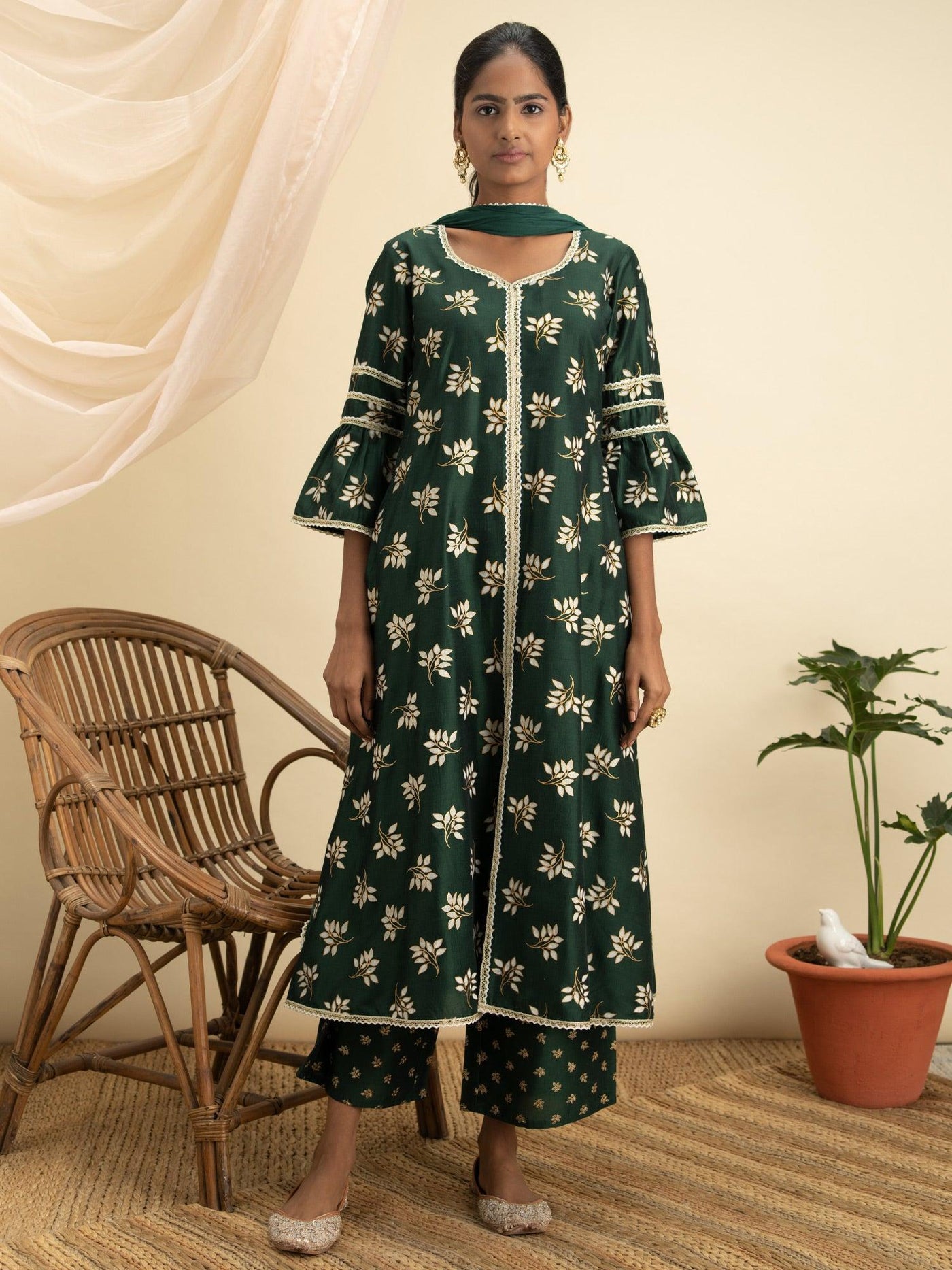 Green Printed Silk A-Line Suit Set - Libas