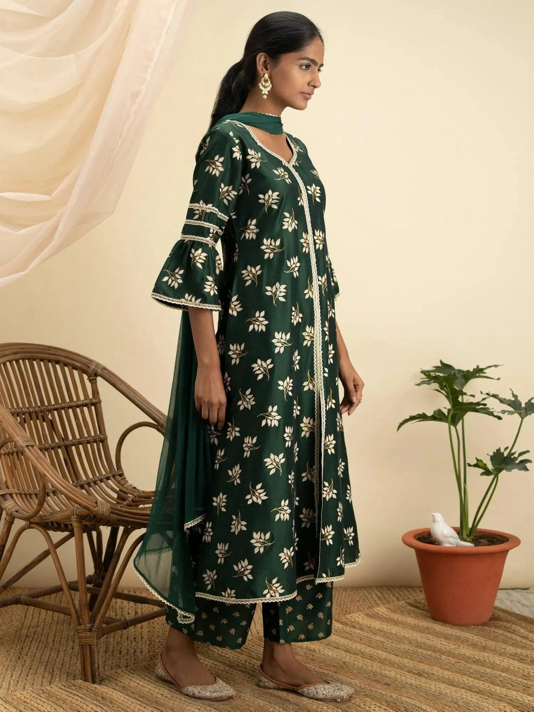 Green Printed Silk A-Line Suit Set - Libas