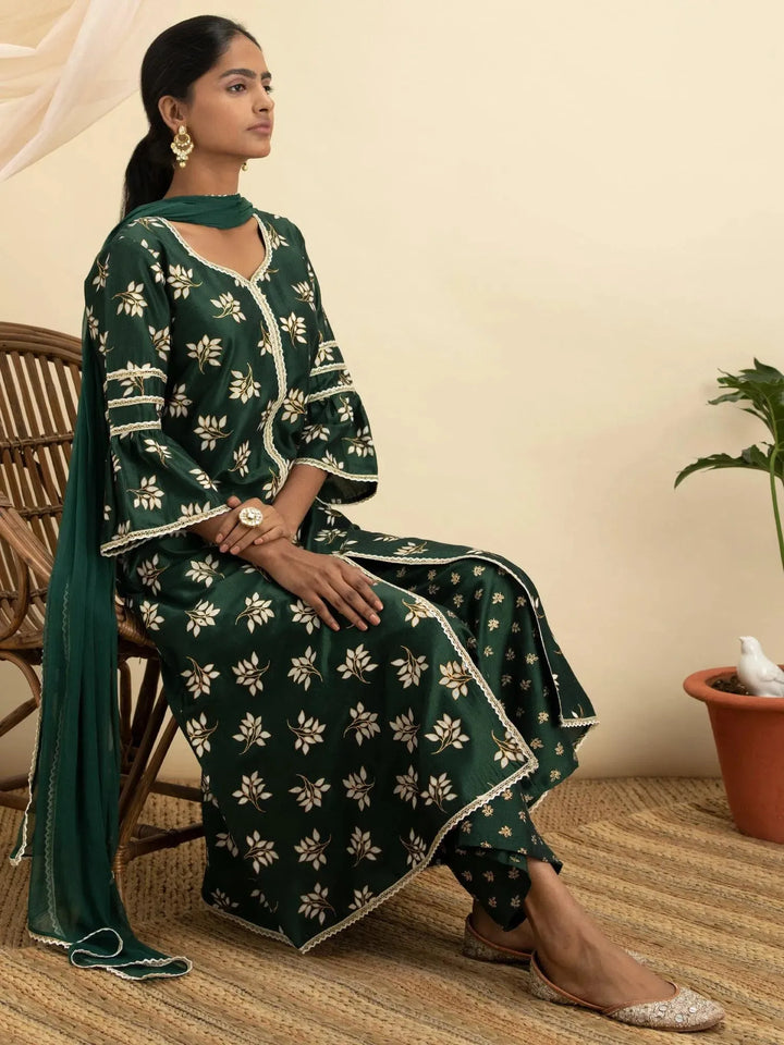 Green Printed Silk A-Line Suit Set - Libas