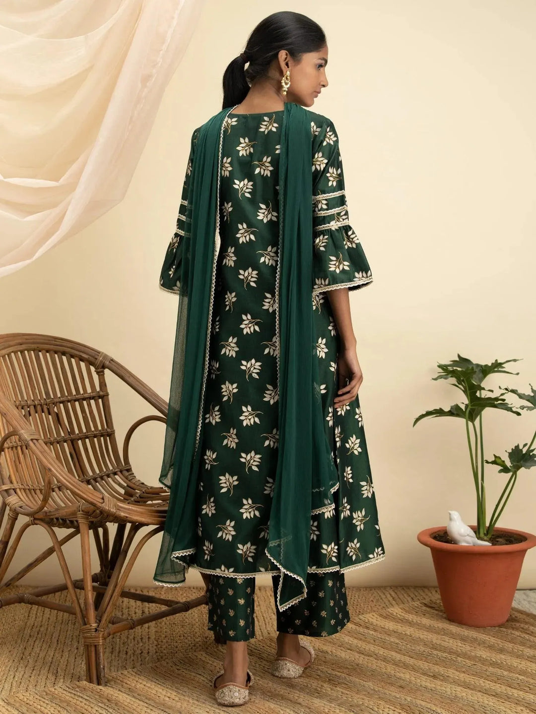 Green Printed Silk A-Line Suit Set - Libas