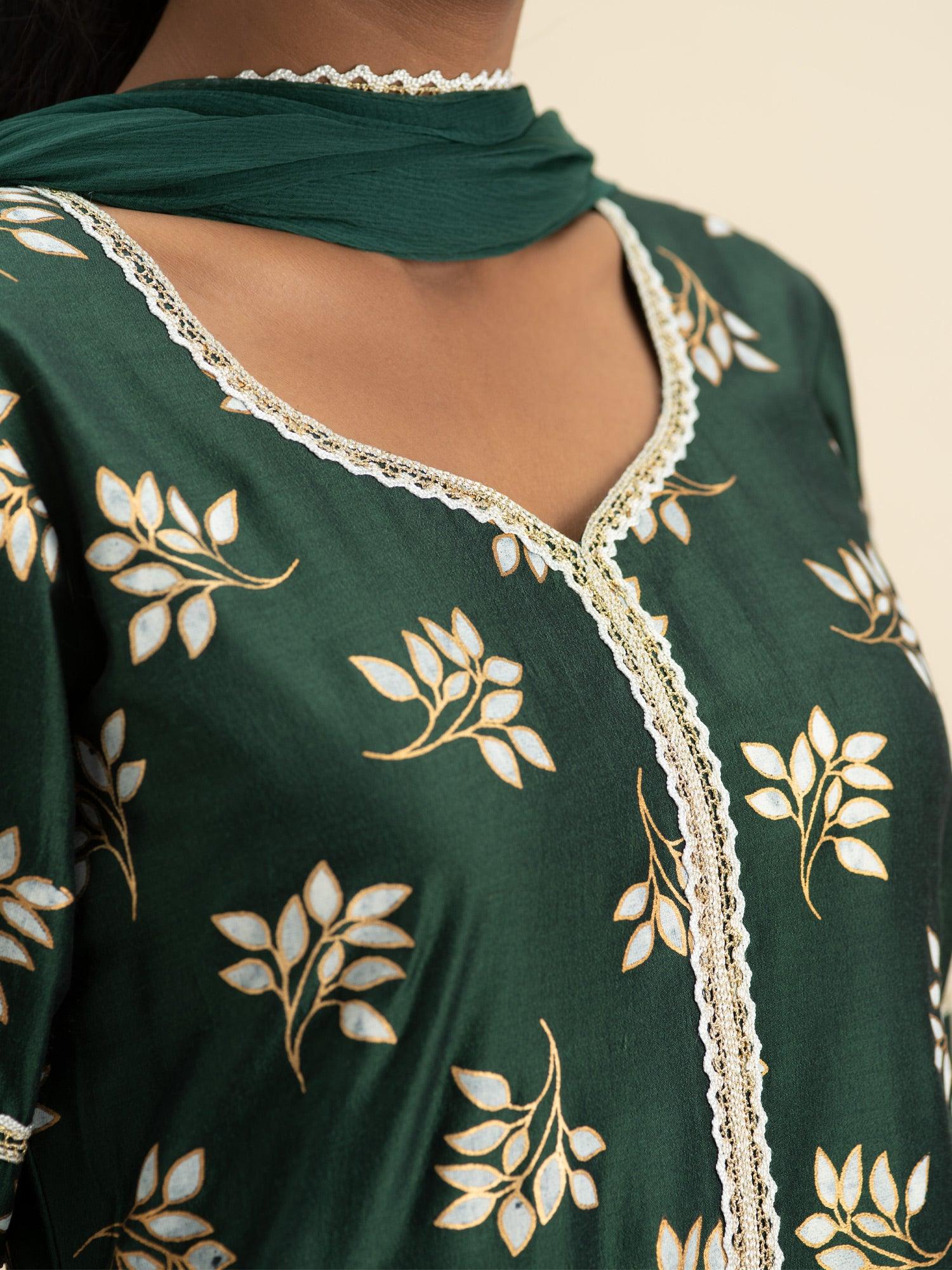 Green Printed Silk A-Line Kurta With Palazzos & Dupatta