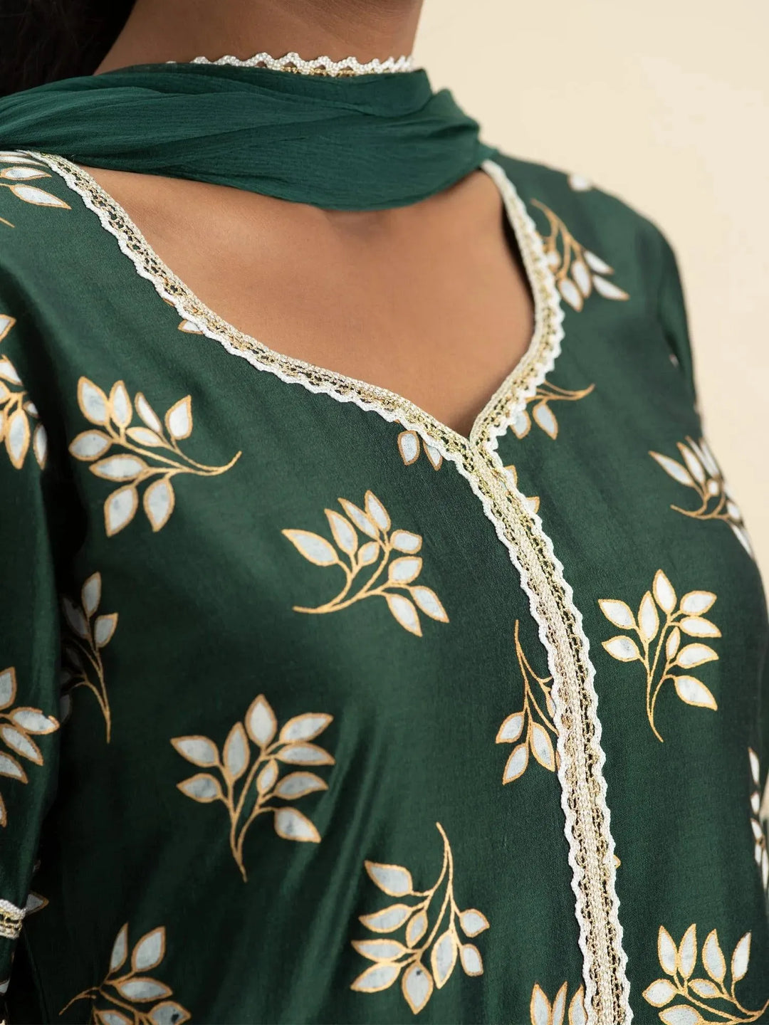 Green Printed Silk A-Line Suit Set - Libas 