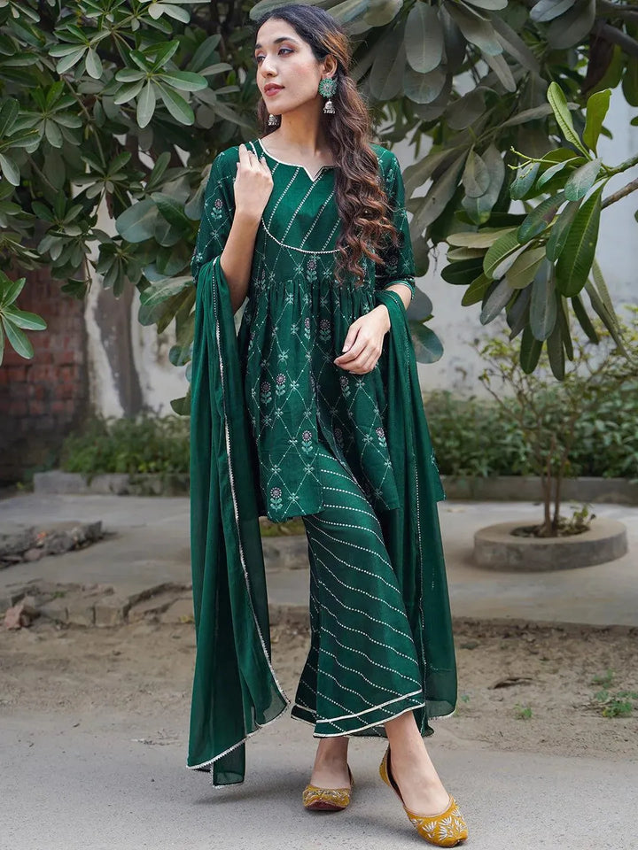 Green Printed Silk Blend A-Line Kurta With Palazzos & Dupatta - Libas