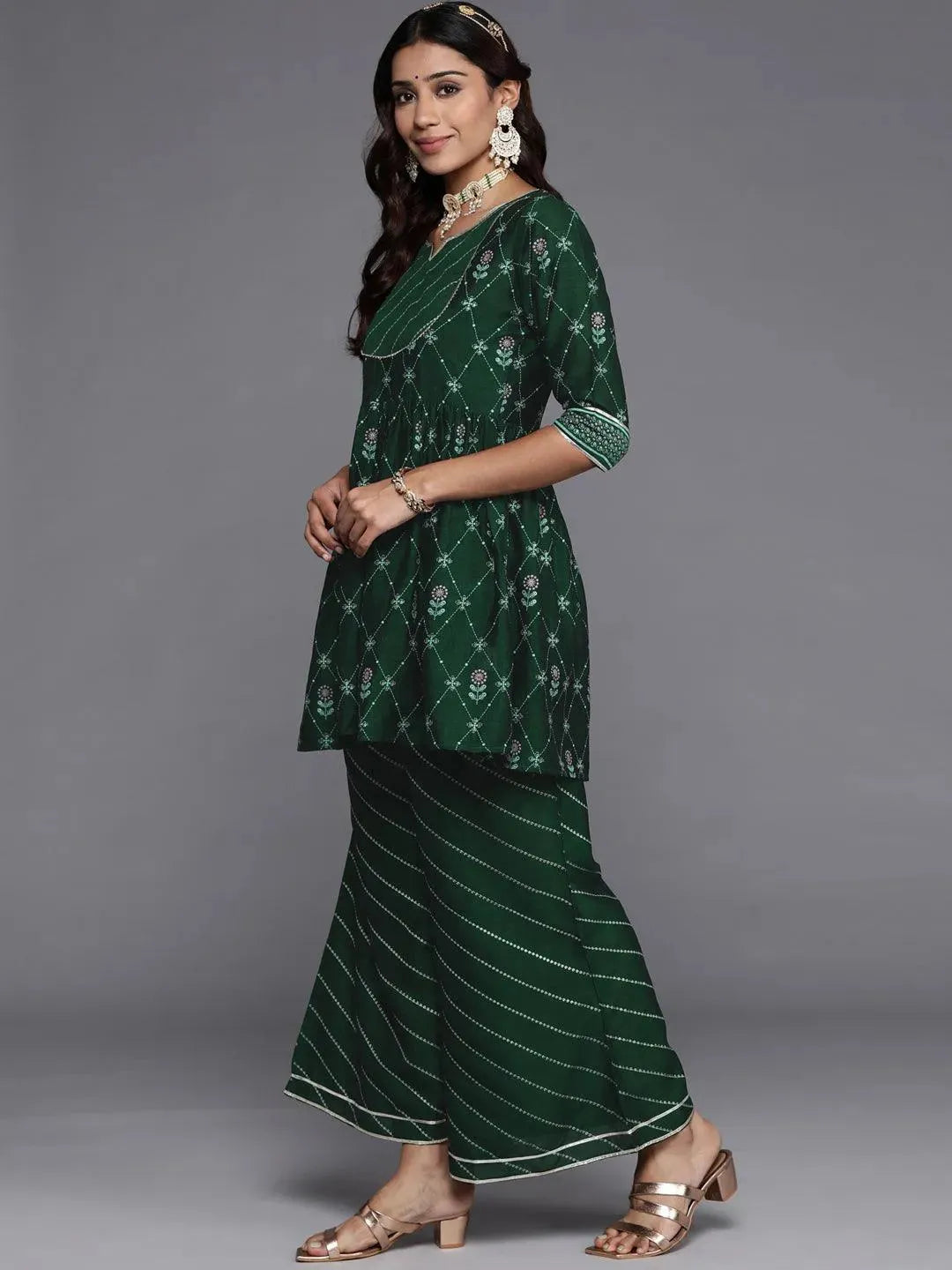 Green Printed Silk Blend A-Line Kurta With Palazzos & Dupatta - Libas 