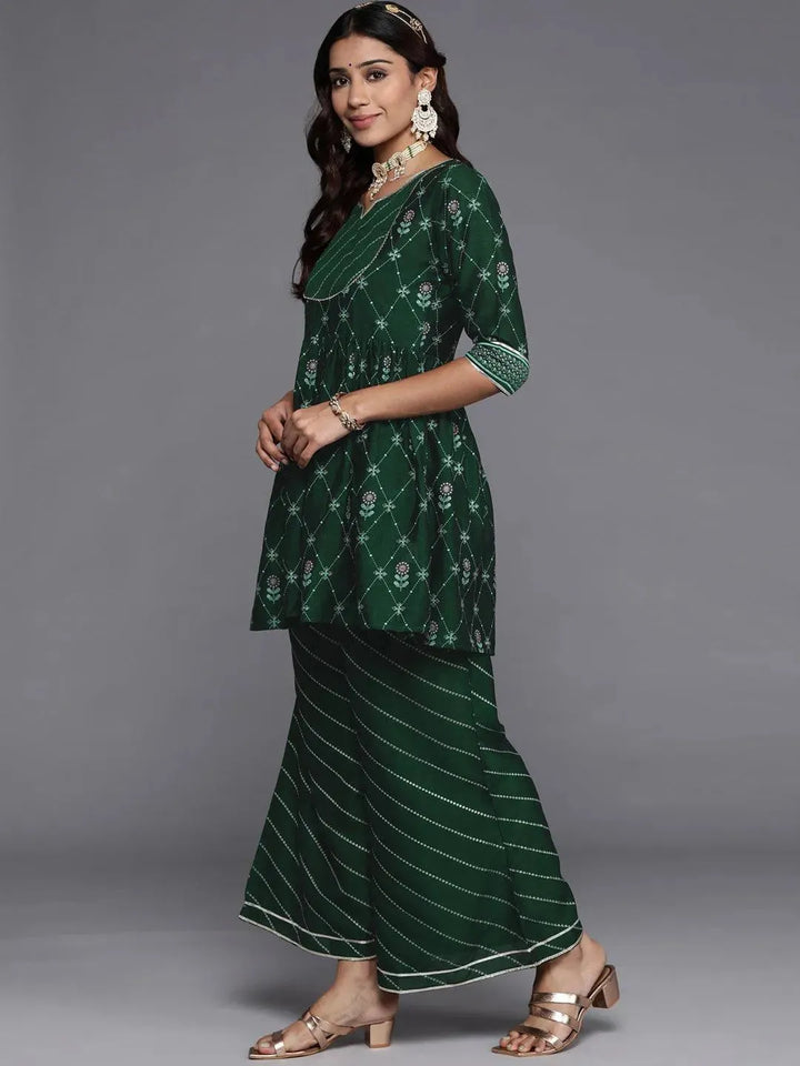 Green Printed Silk Blend A-Line Kurta With Palazzos & Dupatta - Libas