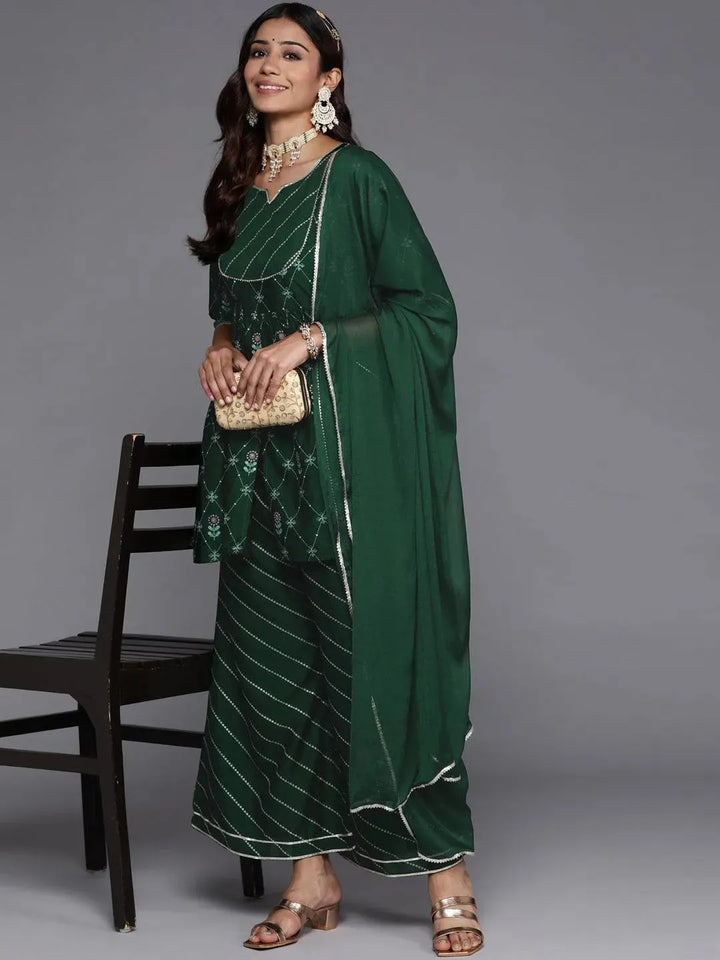 Green Printed Silk Blend A-Line Kurta With Palazzos & Dupatta - Libas