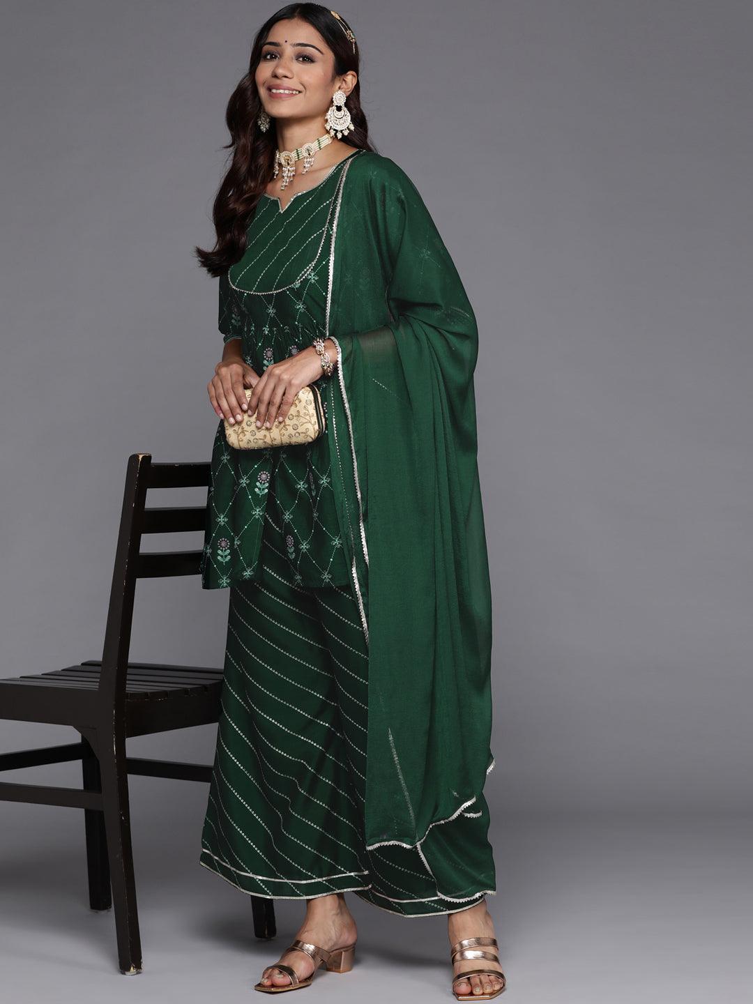 Green Printed Silk Blend Suit Set With Palazzos - Libas