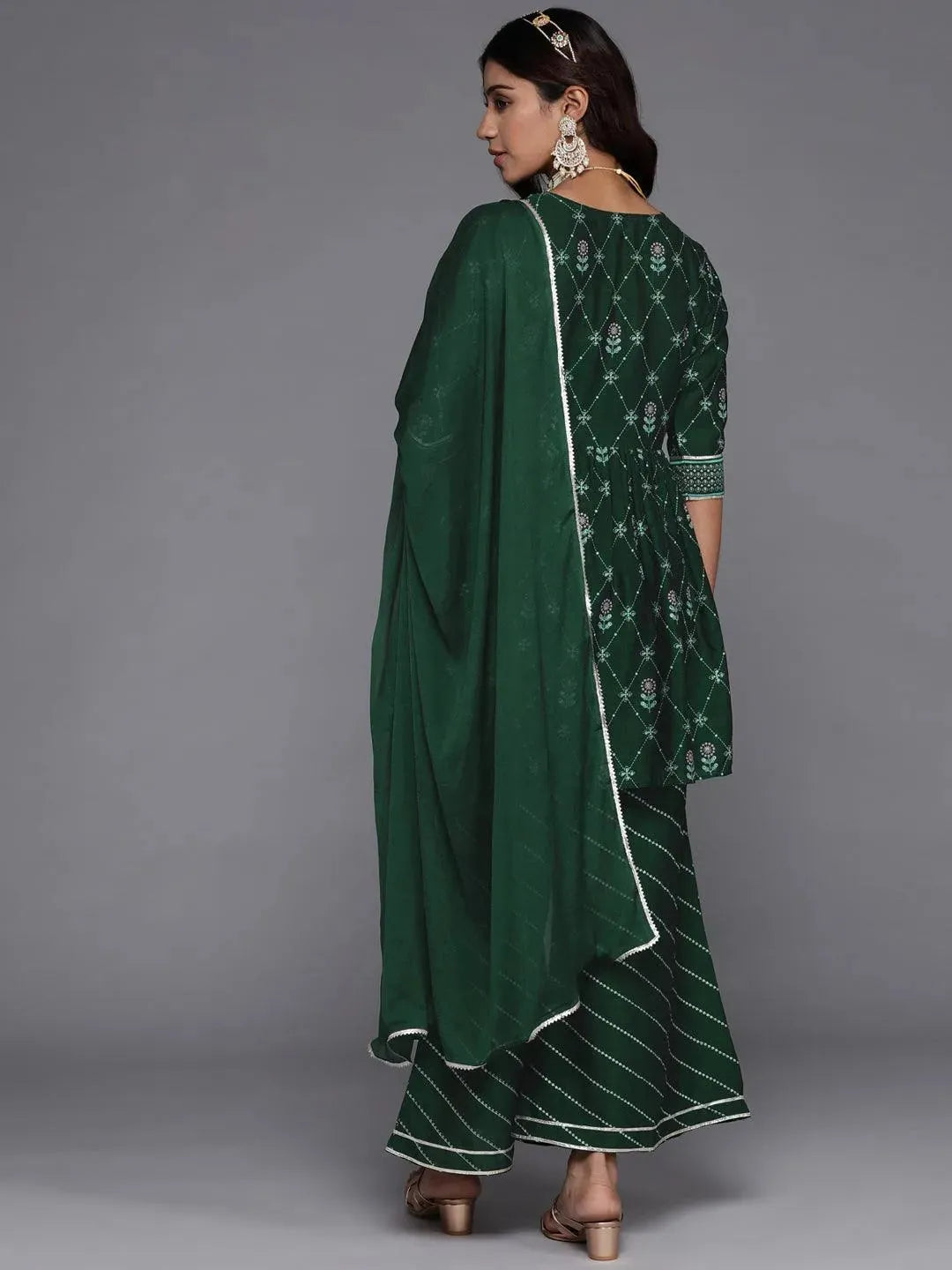Green Printed Silk Blend A-Line Kurta With Palazzos & Dupatta - Libas 