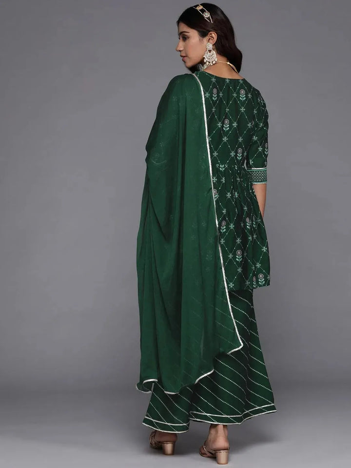 Green Printed Silk Blend A-Line Kurta With Palazzos & Dupatta - Libas