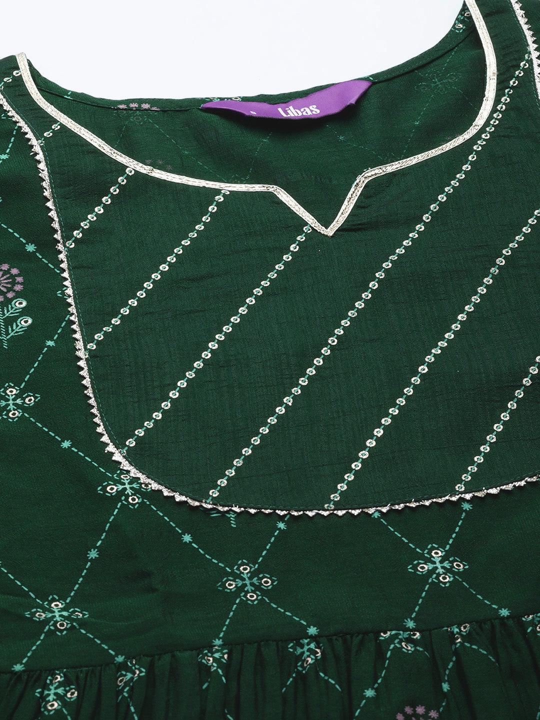 Green Printed Silk Blend A-Line Kurta With Palazzos & Dupatta
