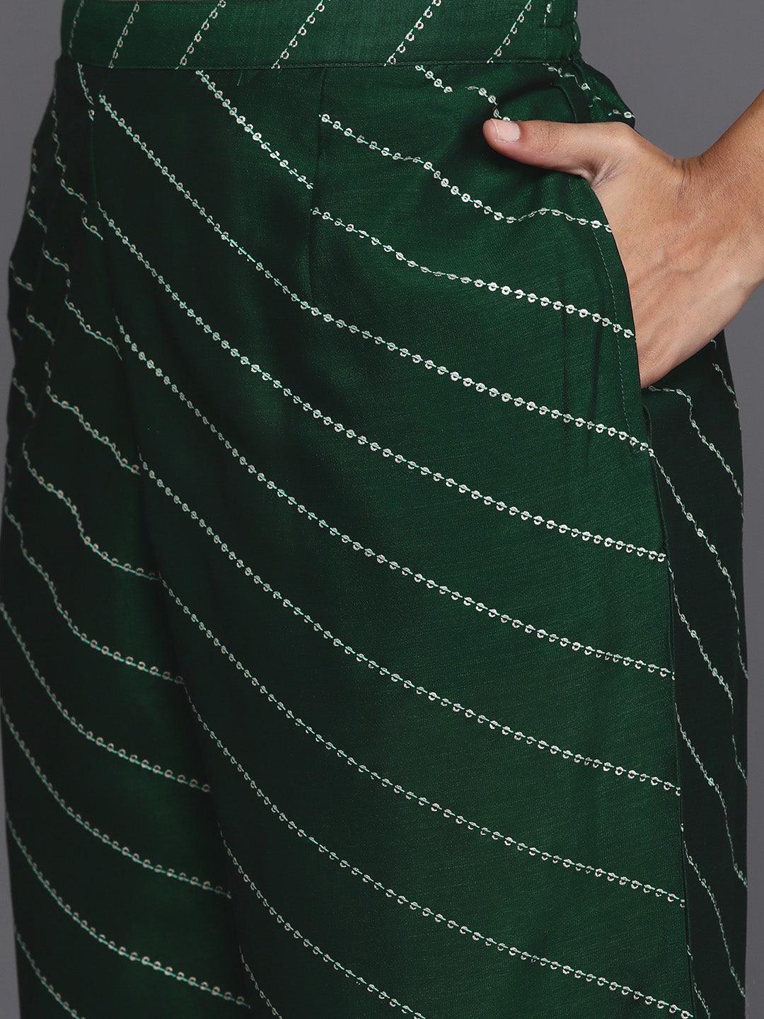 Green Printed Silk Blend A-Line Kurta With Palazzos & Dupatta