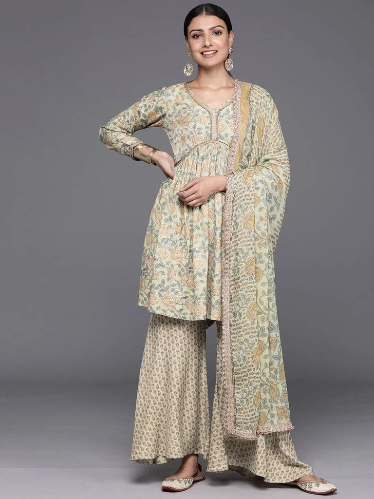 Libas Green Printed Silk Blend A-Line Sharara Suit Set With Dupatta
