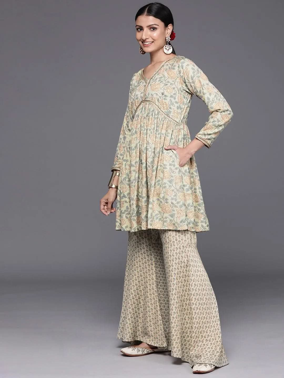 Green Printed Silk Blend A-Line Kurta With Sharara & Dupatta - Libas 