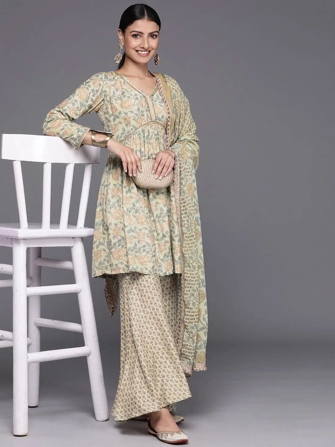 Green Printed Silk Blend A-Line Kurta With Sharara & Dupatta - Libas 