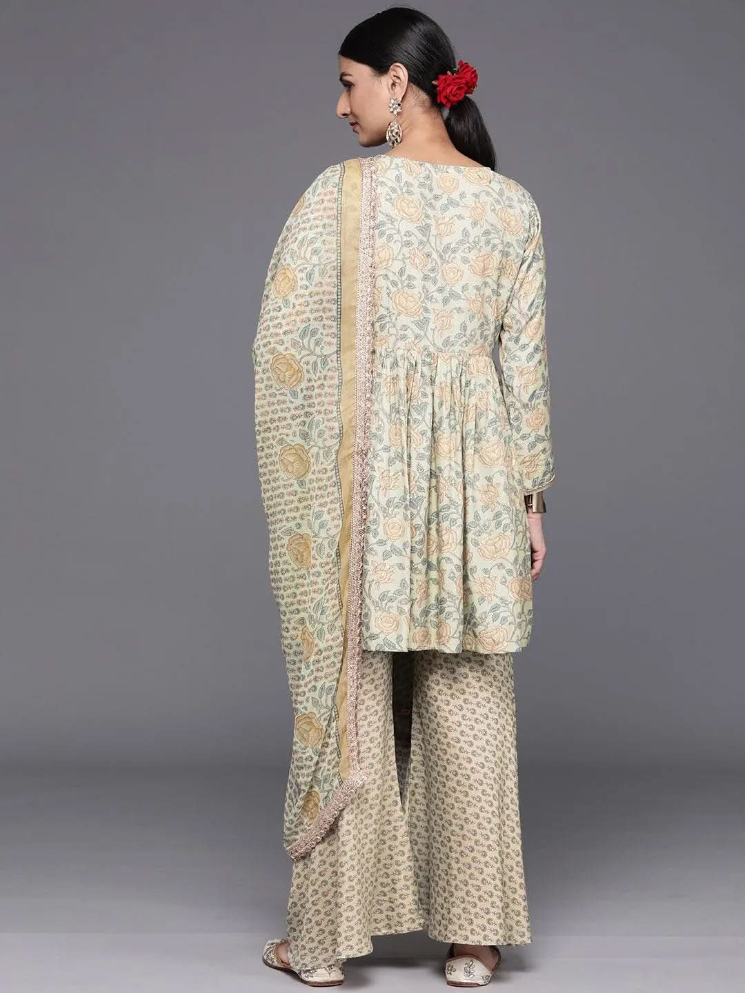 Green Printed Silk Blend A-Line Kurta With Sharara & Dupatta - Libas 