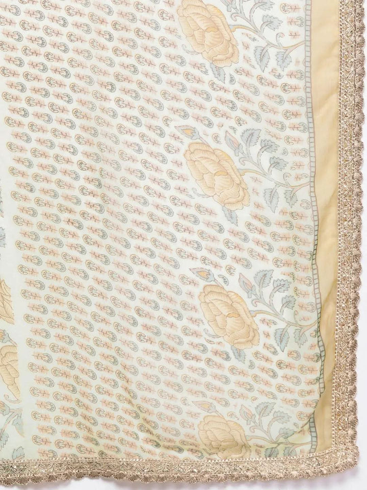 Green Printed Silk Blend A-Line Kurta With Sharara & Dupatta - Libas