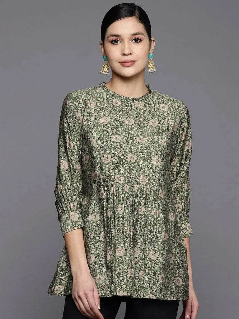 Libas Green Printed Silk Blend A-Line Kurti