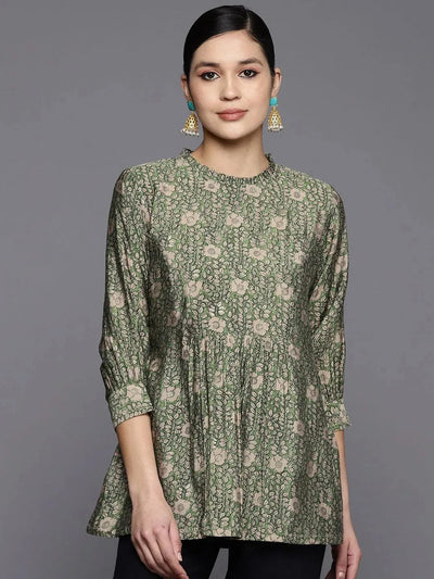 Green Printed Silk Blend A-Line Kurti - Libas