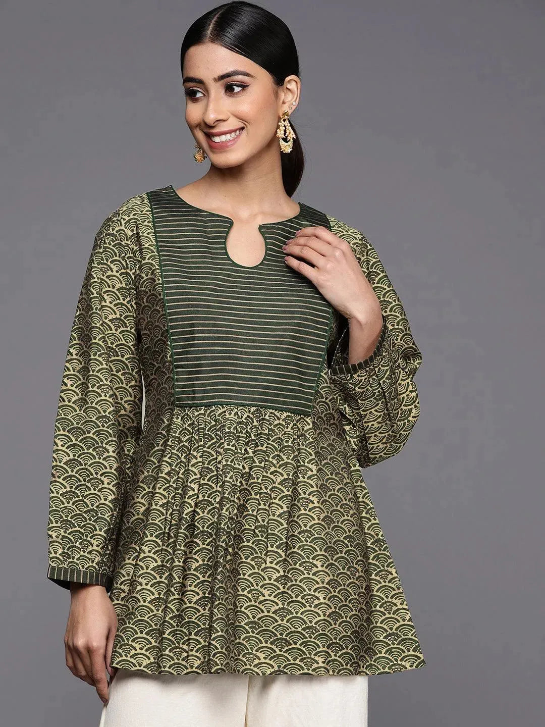 Green Printed Silk Blend A-Line Kurti