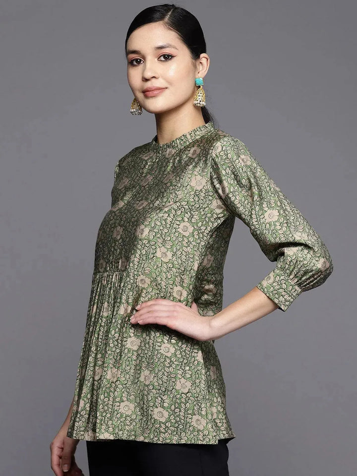 Green Printed Silk Blend A-Line Kurti - Libas