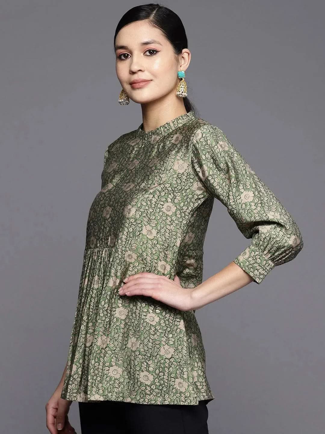 

Green Printed Silk Blend A-Line Kurti